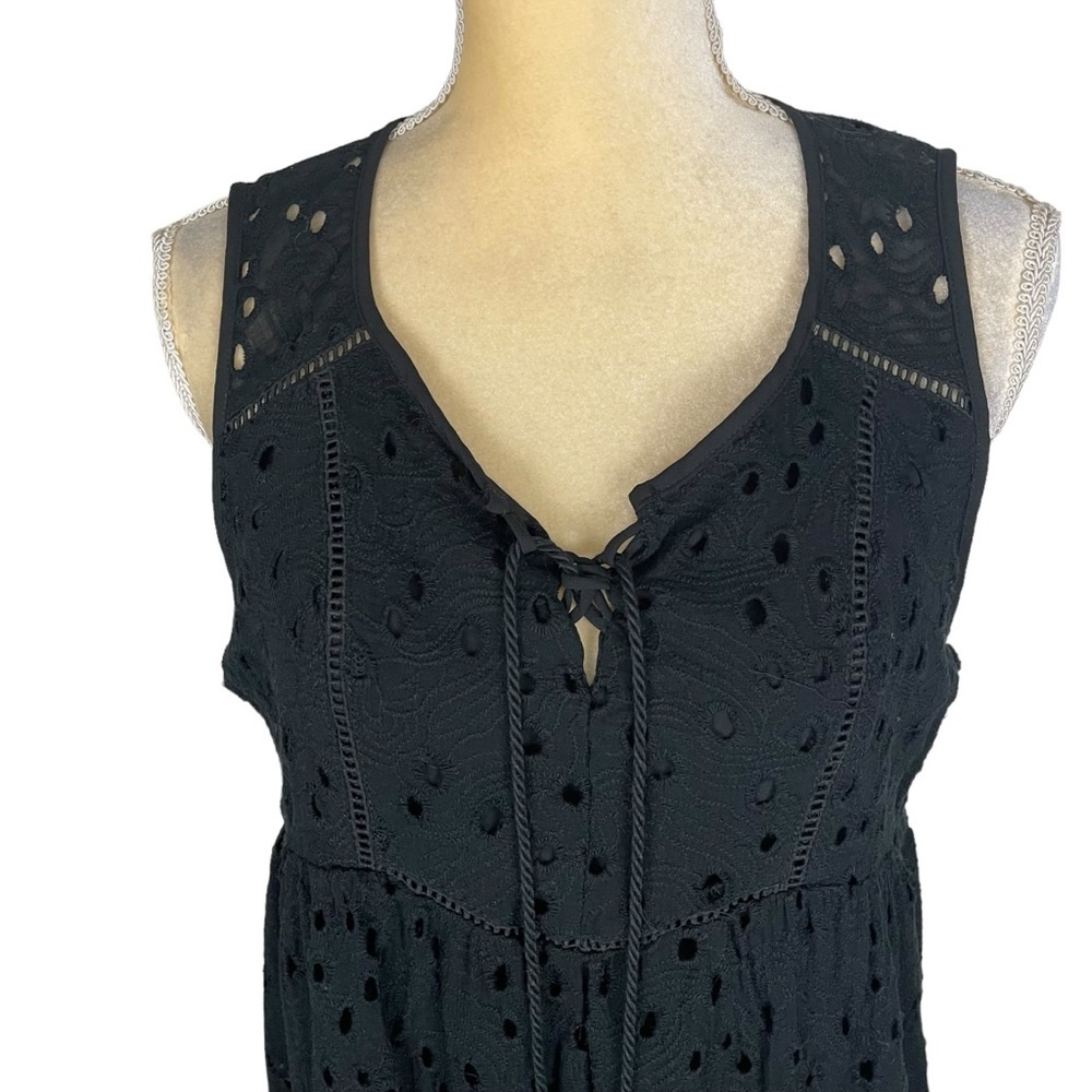 Knox Rose Bohemian Eyelet Dress Black Sleeveless Lace-Up Fringe Tassel Tunic L - Picture 2 of 9